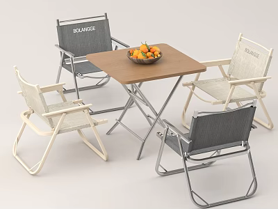 Foldable Wooden Dining Table Set With Woven Chairs And Fruit Bowl 3d model