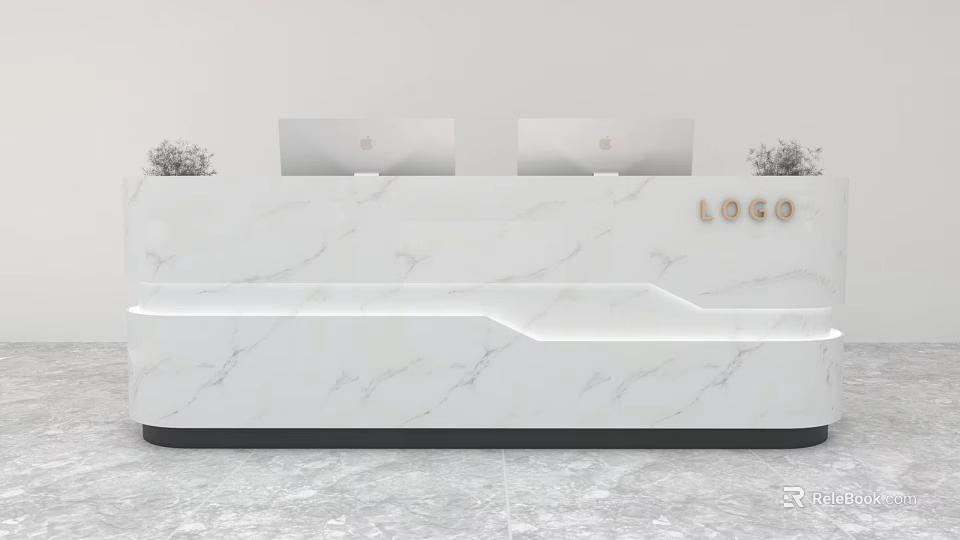 Modern White Marble Reception Desk with Two Computer Monitors Potted Plants Logo and LED Lighting 3d model
