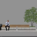 Outdoor Wooden Bench With Person Sitting On Concrete Ground Near Tree And Trash Can