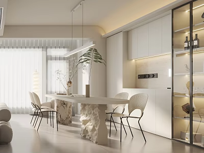 Modern Restaurant Dining Table Wine Cabinet Cream Chandelier Guest Restaurant Simple Western Kitchen 3d model