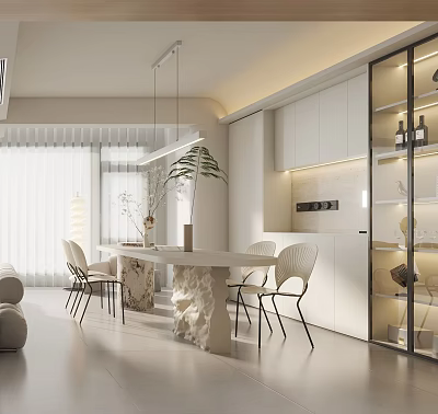 Modern White Restaurant Interior With Marble Dining Table Chairs Pendant Lights And Green Plants 3d model