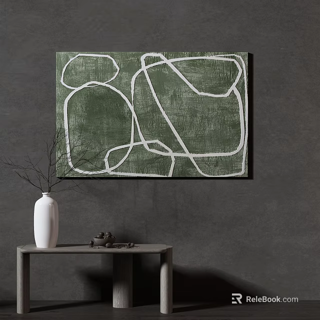 Green Abstract Wall Art with White Lines Hanging on Grey Wall 3d model