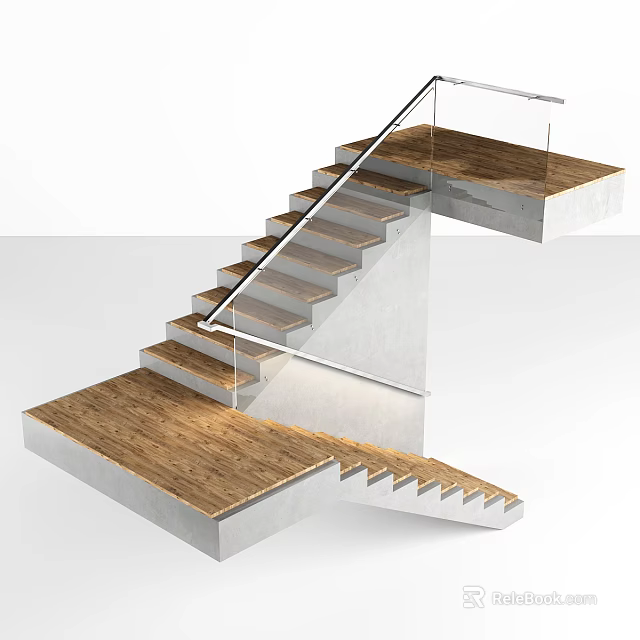 Modern Staircase Design With Wooden Treads Glass Handrail And Concrete Structure 3d model 
