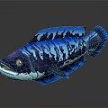 3D Blue Fish With Red Eyes And Blue Textured Patterns On Gray Background