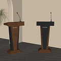 Modern Wooden And Black Podiums With Microphones In Contemporary Interior Design