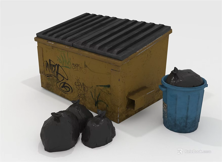 Outdoor Garbage Collection Setup With Yellow Graffiti Container Blue Trash Bin And Black Bags 3d model 