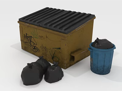 Outdoor Garbage Collection Setup With Yellow Graffiti Container Blue Trash Bin And Black Bags 3d model