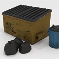 Outdoor Garbage Collection Setup With Yellow Graffiti Container Blue Trash Bin And Black Bags
