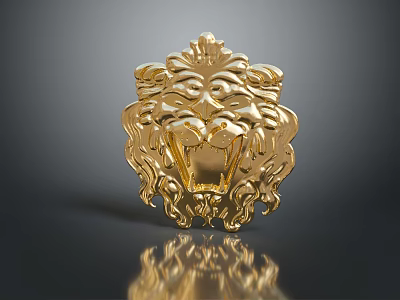 Golden Lion Head Emblem Featuring Ornate Mane On Dark Background With Reflection 3d model
