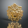Golden Lion Head Emblem Featuring Ornate Mane On Dark Background With Reflection