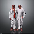 Two Men Dressed In White Clothing Standing Together With Red Bag Against Gray Background