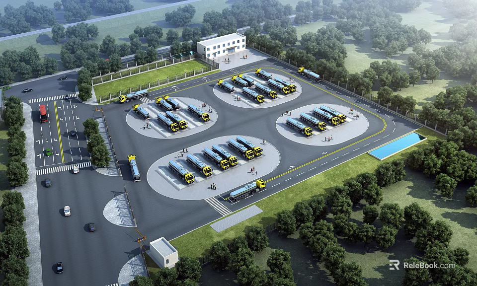 Aerial View of Circular Parking Lot with Parked Vehicles and Green Surroundings 3d model 