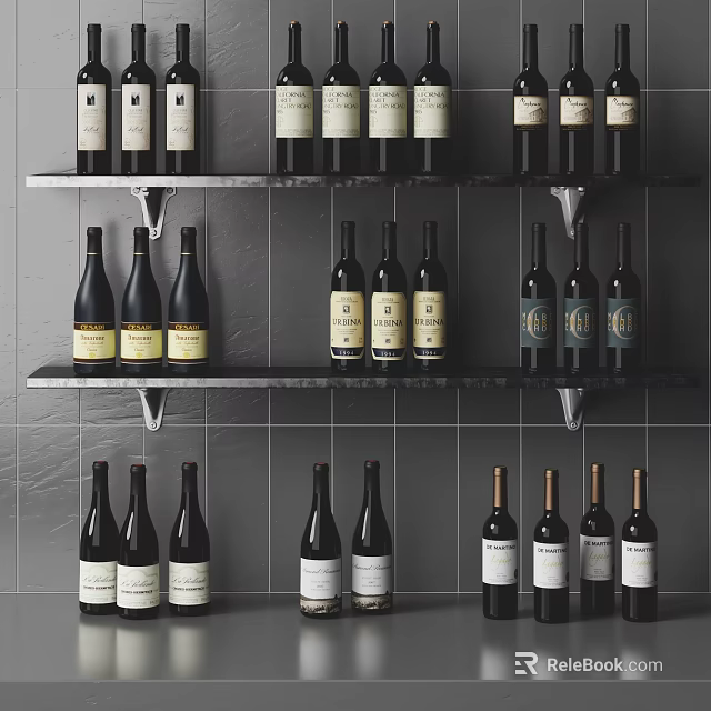 Assorted Wine Bottles Displayed On Shelves Against Gray Tile Wall 3d model 