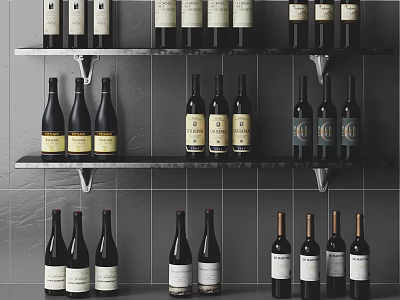 Assorted Wine Bottles Displayed On Shelves Against Gray Tile Wall 3d model