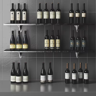 Assorted Wine Bottles Displayed On Shelves Against Gray Tile Wall 3d model Assorted Wine Bottles Displayed On Shelves Against Gray Tile Wall 3d model