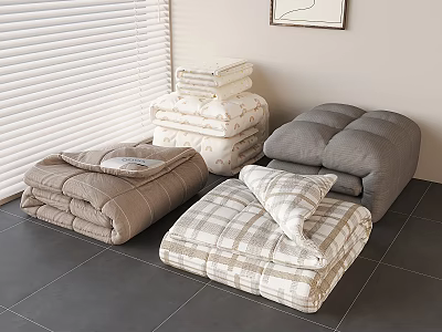 Cozy Home Bedding With Folded Plaid Gray Brown And White Quilts And Pillows 3d model
