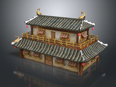 Two Story Ancient Chinese Building With Tile Roof Eave Decorations Red Lanterns And Wooden Windows 3d model