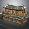 Two Story Ancient Chinese Building With Tile Roof Eave Decorations Red Lanterns And Wooden Windows