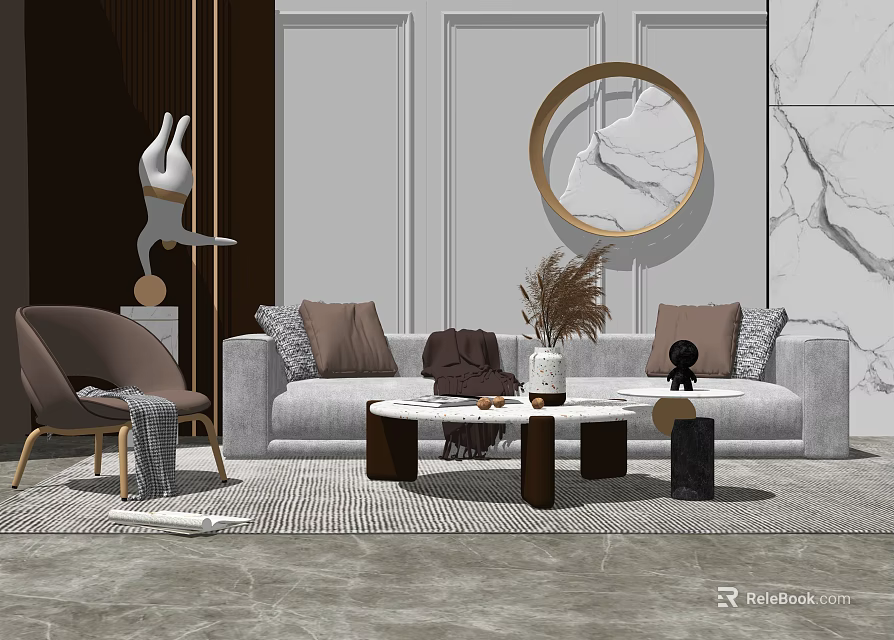 Elegant Modern Sofa And Coffee Table Set With Grey Pillows Round Mirror And Marble Wall 3d model