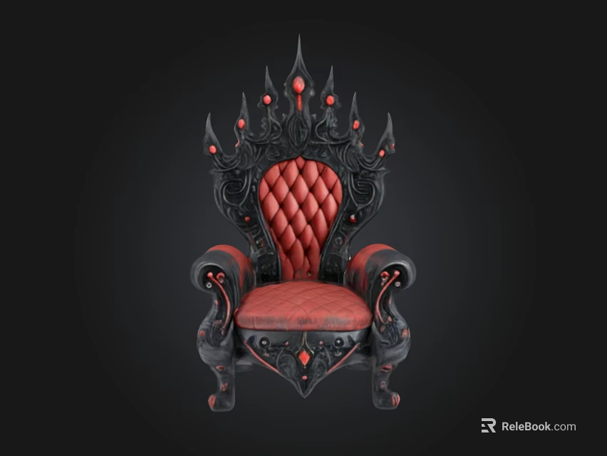 Ornate Throne With Red Upholstered Seat Black Intricate Carvings And Crown Shaped Top 3d model 