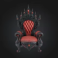 Ornate Throne With Red Upholstered Seat Black Intricate Carvings And Crown Shaped Top