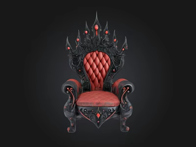 Ornate Throne With Red Upholstered Seat Black Intricate Carvings And Crown Shaped Top 3d model