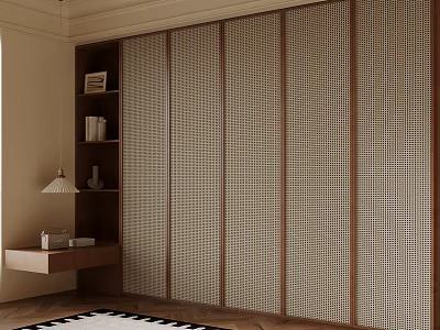 Modern Minimalist Wardrobe With Sliding Wooden Doors Rattan Panels And Side Shelf Interior 3d model
