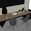 Modern Minimalist Wooden Office Desk With Open Notebook Desk Lamp Computer Monitor And Ergonomic Chairs