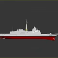 Modern Warship 3D Model With Grey Hull Red Bottom Superstructure Antenna Deck On Reflective Surface