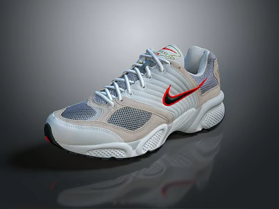 Gray And White Sporty Sneakers With Red Logo Mesh Design And Comfortable Sole 3d model