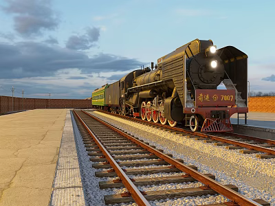 Vintage Dark Green Steam Train On Wooden Tracks With Red Accents And Number 007 3d model