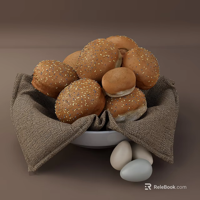 Fresh Homemade Sesame Seed Buns in White Bowl with Hessian Cloth and Decorative Pebbles 3d model 