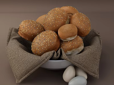 Fresh Homemade Sesame Seed Buns in White Bowl with Hessian Cloth and Decorative Pebbles 3d model