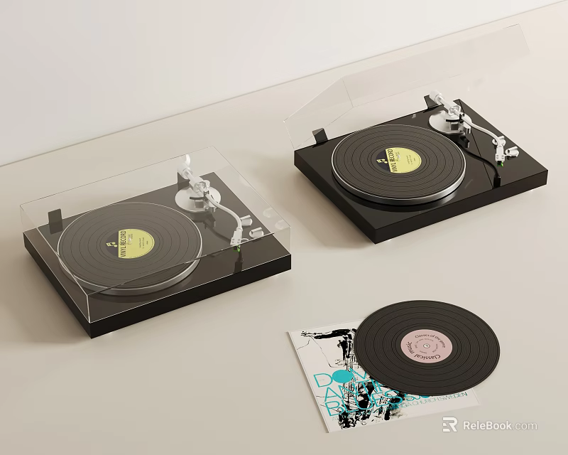 Vintage Decorative Set With Two Turntables And Vinyl Record 3d model 
