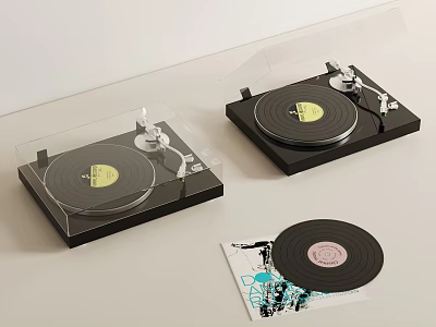 Vintage Decorative Set With Two Turntables And Vinyl Record 3d model