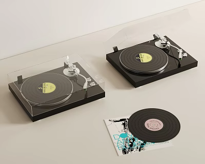 Vintage Decorative Set With Two Turntables And Vinyl Record 3d model