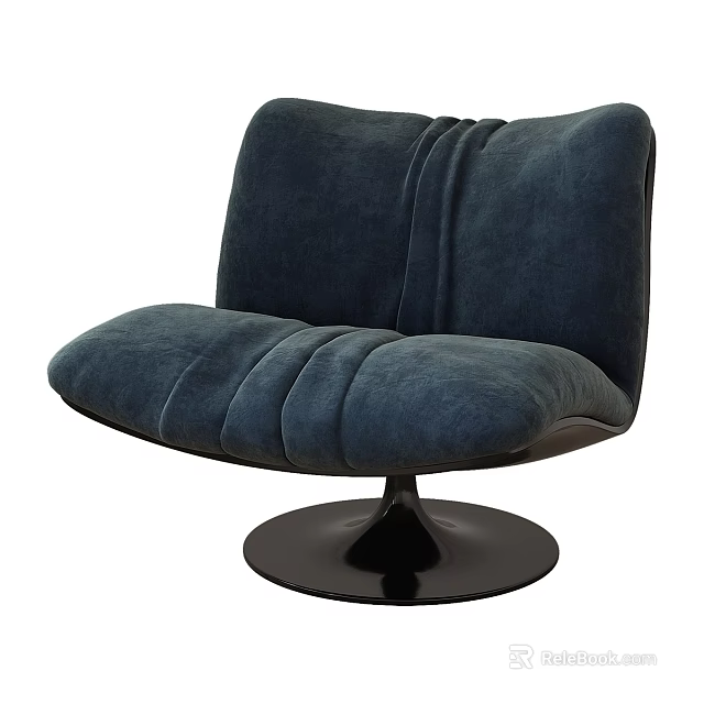Plush Navy Blue Accent Chair with Stitched Seat Backrest and Black Circular Base 3d model 