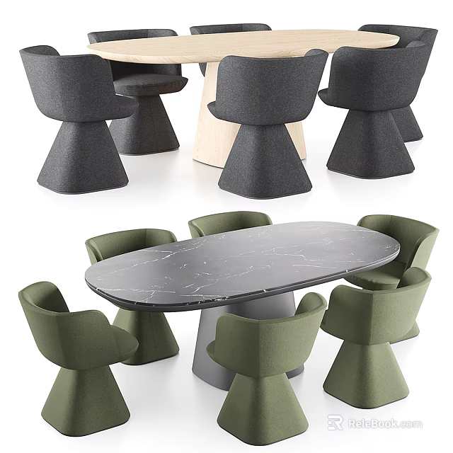 Modern Dining Table And Chair Set With Oval Marble Top And Green Upholstered Seats 3d model 