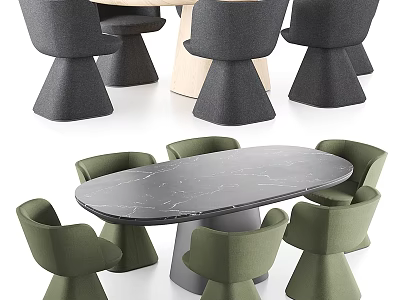 Modern Dining Table And Chair Set With Oval Marble Top And Green Upholstered Seats 3d model