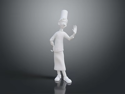 White Chef Figurine Wearing Tall Chef Hat And Apron Waving Hand With Spoon 3d model