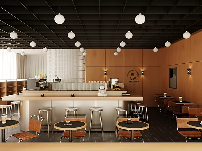 Modern Café Interior With Black Ceiling White Spherical Lights Wooden Walls Bar Counter And Stools 3d model