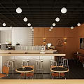 Modern Café Interior With Black Ceiling White Spherical Lights Wooden Walls Bar Counter And Stools