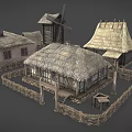 Wooden Houses with Thatched Roofs and Wooden Fences in Rural Setting