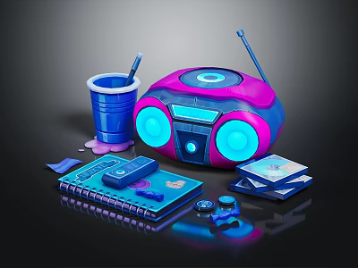 Vibrant Pink Blue Boombox Speaker with Blue Cup Notebook CD Cases and Accessories 3d model