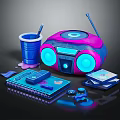 Vibrant Pink Blue Boombox Speaker with Blue Cup Notebook CD Cases and Accessories