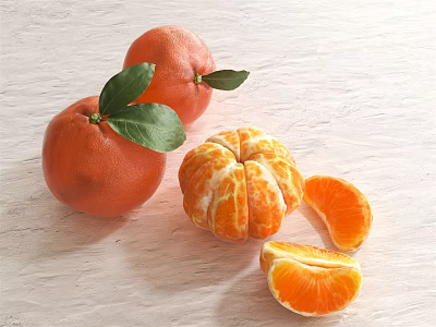 Fresh Citrus Fruits With Leaves Peeled Fruit And Slices On White Surface 3d model