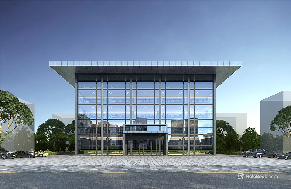 Modern Office Building Featuring Glass Curtain Walls Overhanging Roof Front Plaza And Trees With Vehicles 3d model 