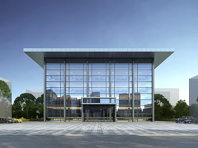 Modern Office Building Featuring Glass Curtain Walls Overhanging Roof Front Plaza And Trees With Vehicles 3d model