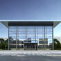 Modern Office Building Featuring Glass Curtain Walls Overhanging Roof Front Plaza And Trees With Vehicles
