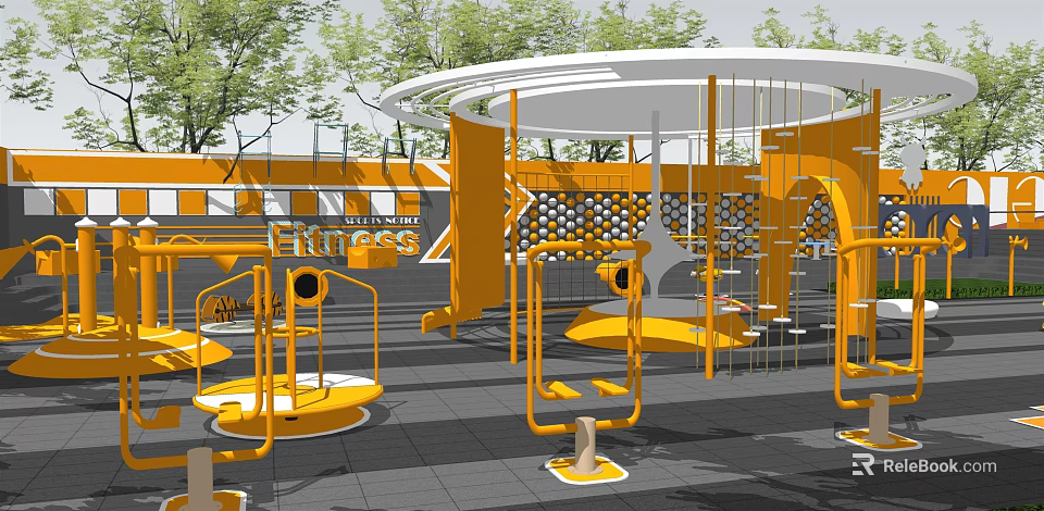 Outdoor Modern Children's Play Area With Yellow Climbing Structures Round Canopy And Safety Flooring 3d model 